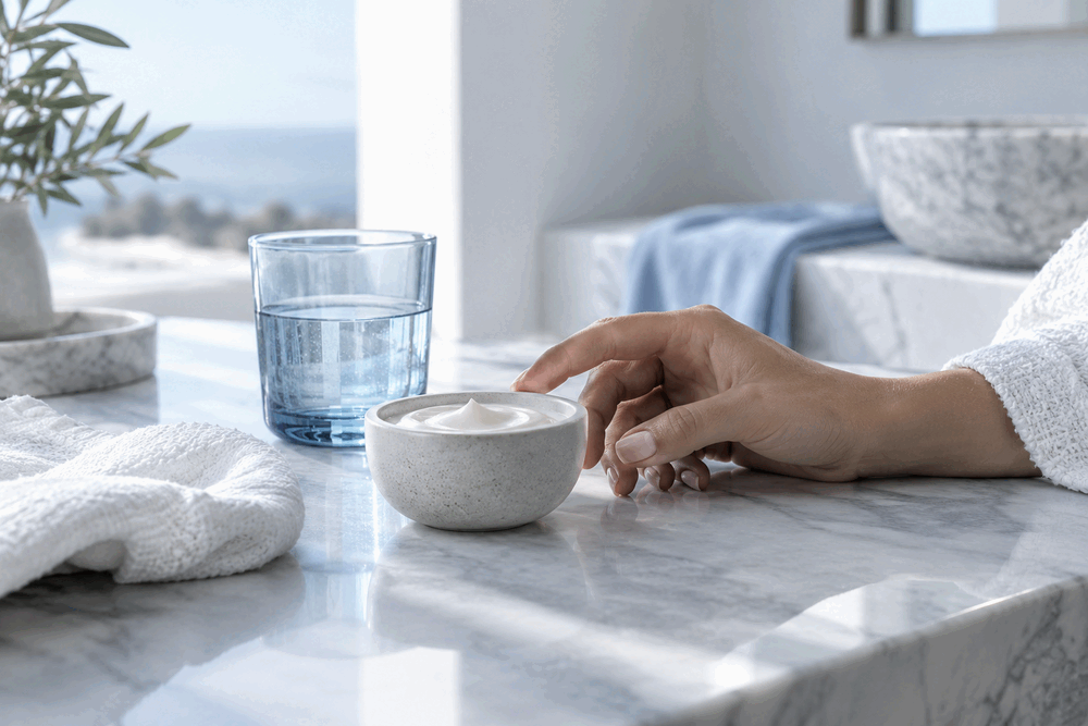 Escena luminosa de cuidado facial con crema y elementos en tonos azules