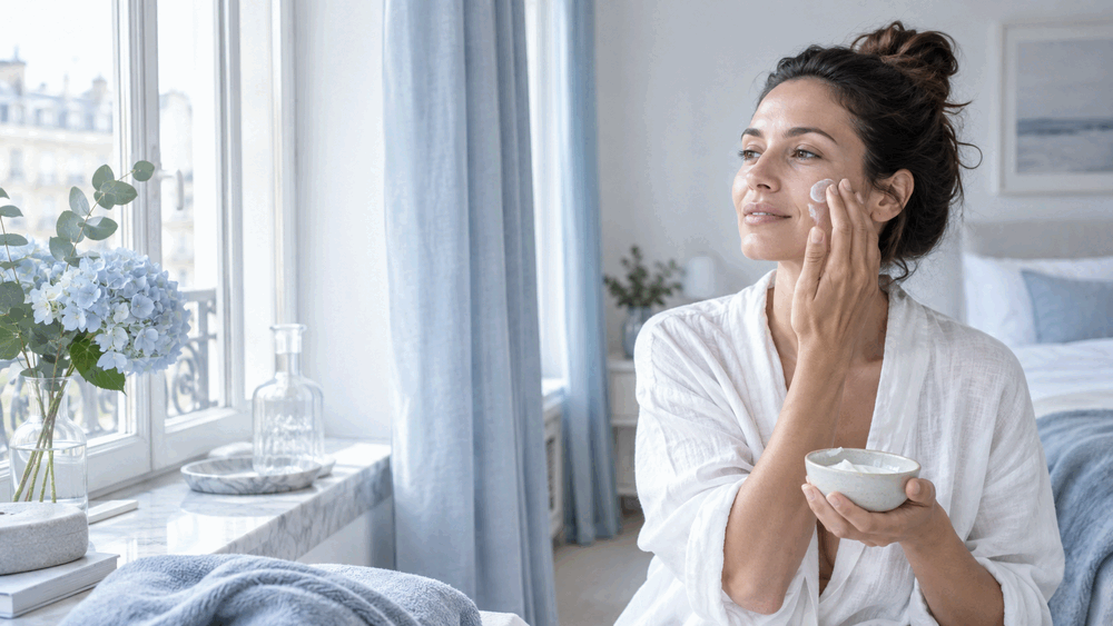 Mujer realizando una rutina facial en una habitación luminosa