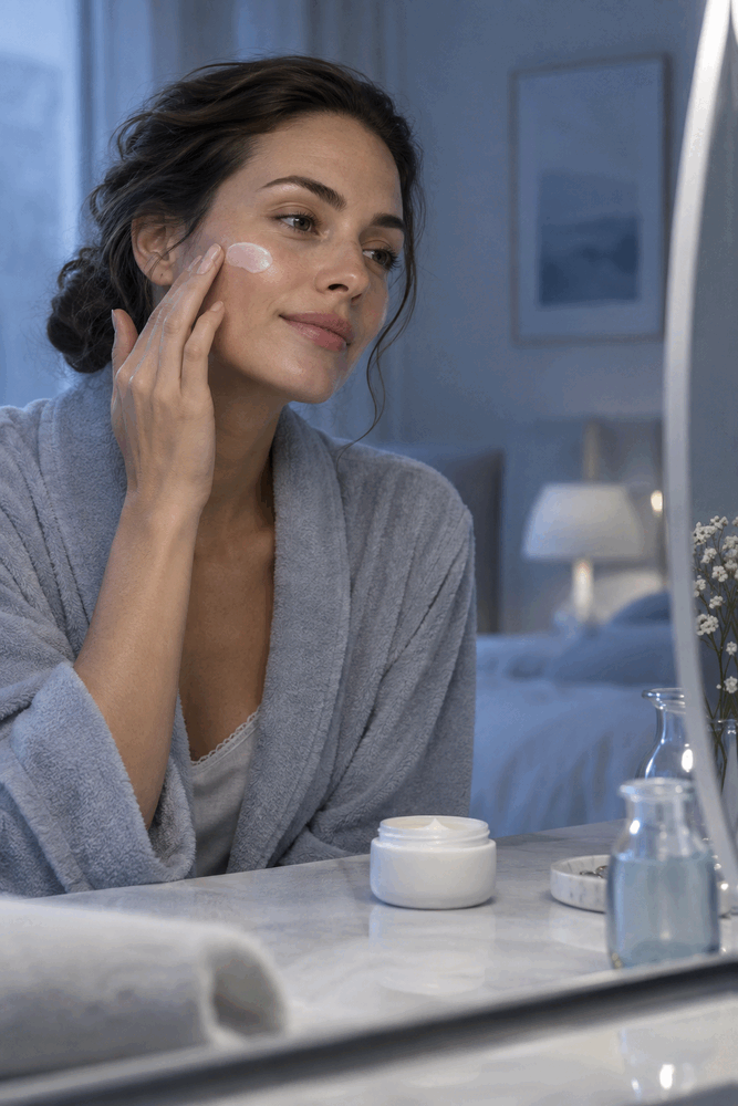 Observar la sensación de una crema facial en una rutina nocturna