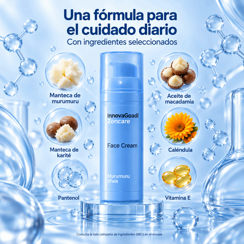 Envase de InnovaGoadi junto a ingredientes cosméticos