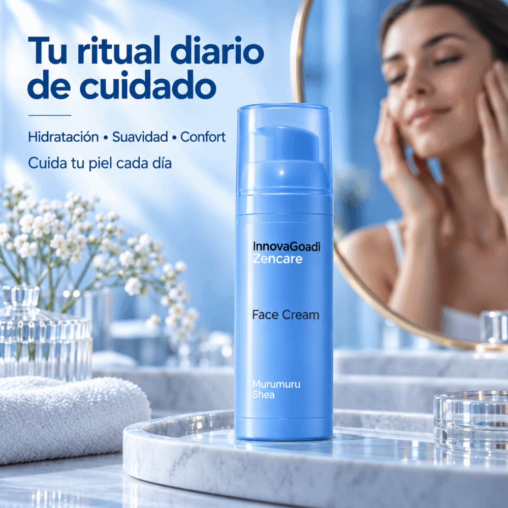 Envase de la crema cosmética facial InnovaGoadi junto a elementos de cuidado