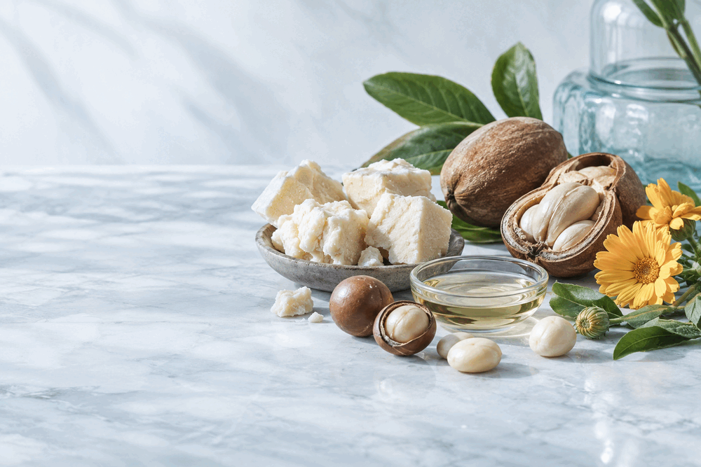 Ingredientes botánicos y elementos cosméticos sobre una superficie azul clara