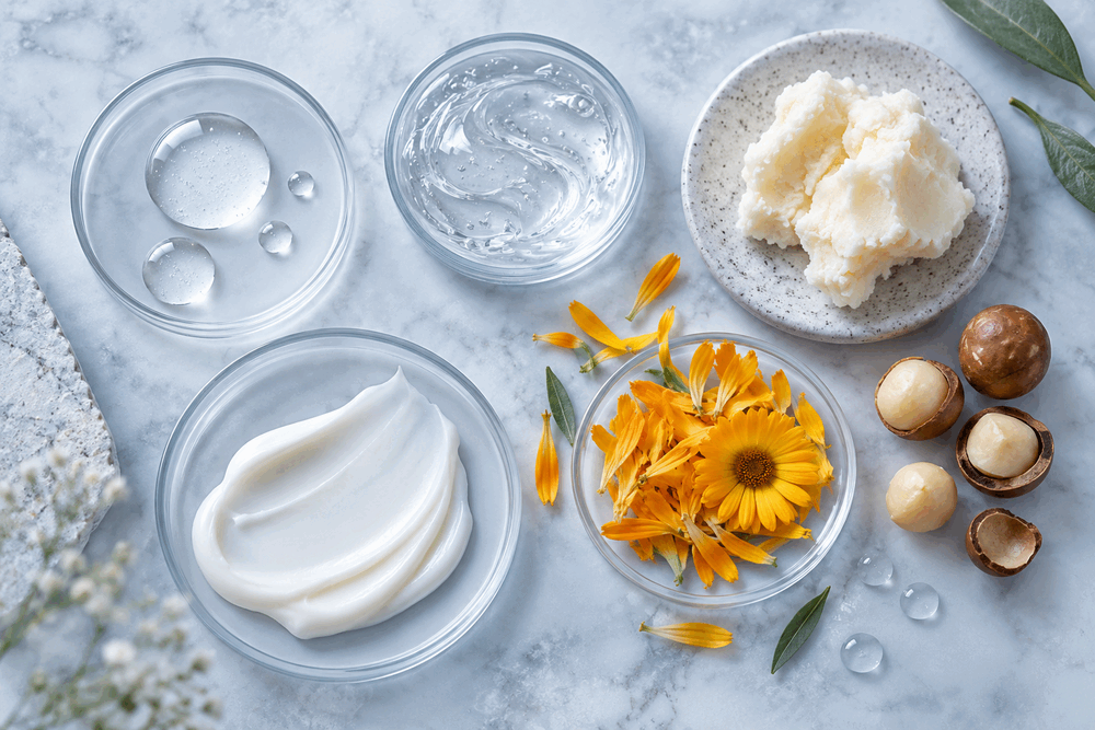 Mantecas, aceites y texturas cosméticas en una composición azul clara